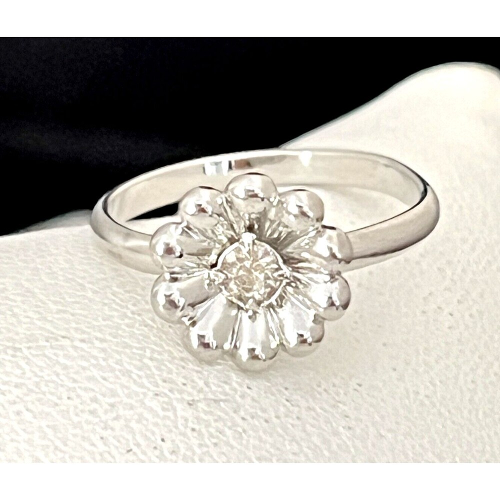 Vintage 1960s Floral Ring Silver Tone Rhinestone Mid Century Modern - 4J